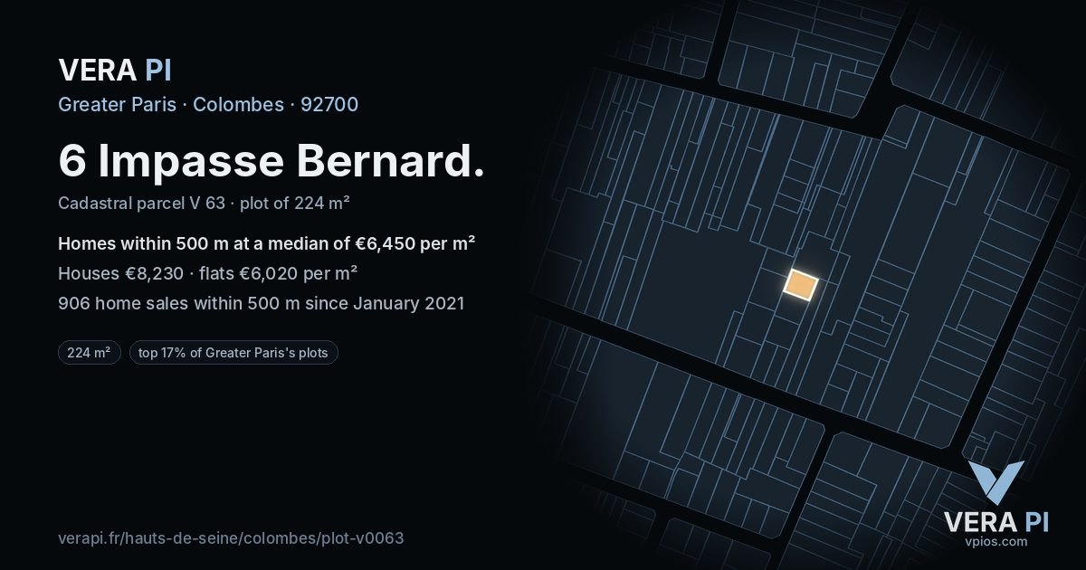 6 Impasse Bernard, Colombes at night – the plot lit, the parcels around coloured by the prices near them