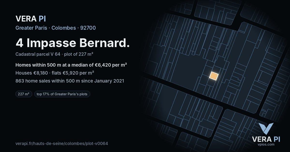 4 Impasse Bernard, Colombes at night – the plot lit, the parcels around coloured by the prices near them