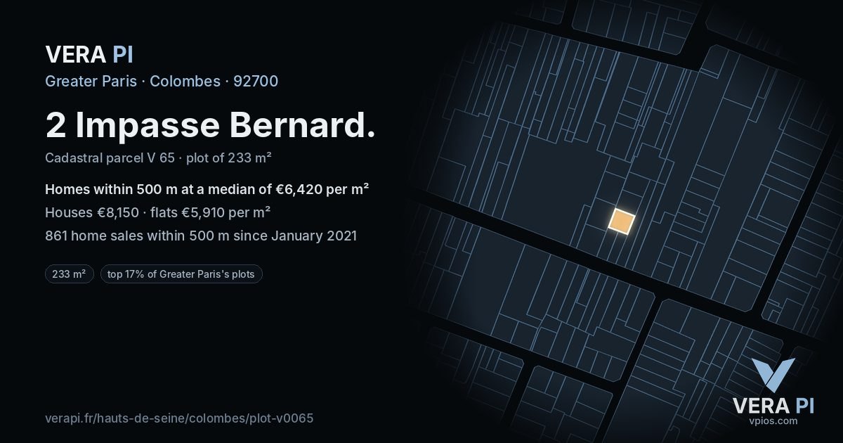 2 Impasse Bernard, Colombes at night – the plot lit, the parcels around coloured by the prices near them