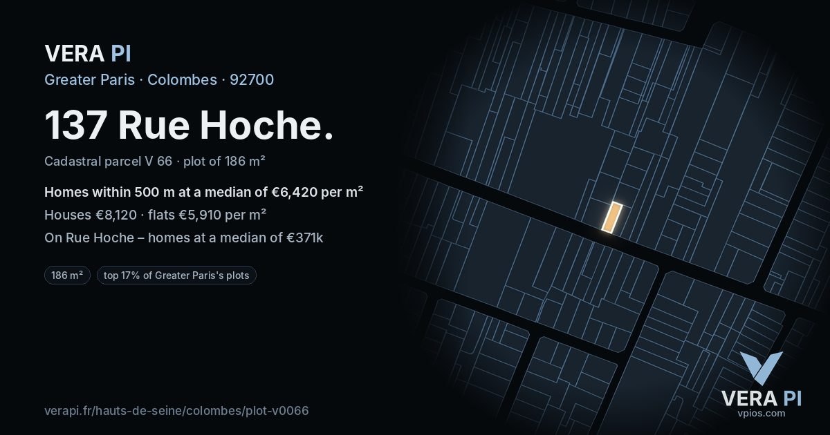 137 Rue Hoche, Colombes at night – the plot lit, the parcels around coloured by the prices near them