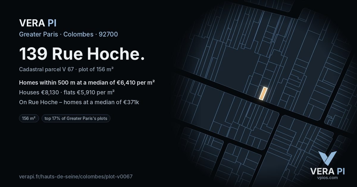 139 Rue Hoche, Colombes at night – the plot lit, the parcels around coloured by the prices near them