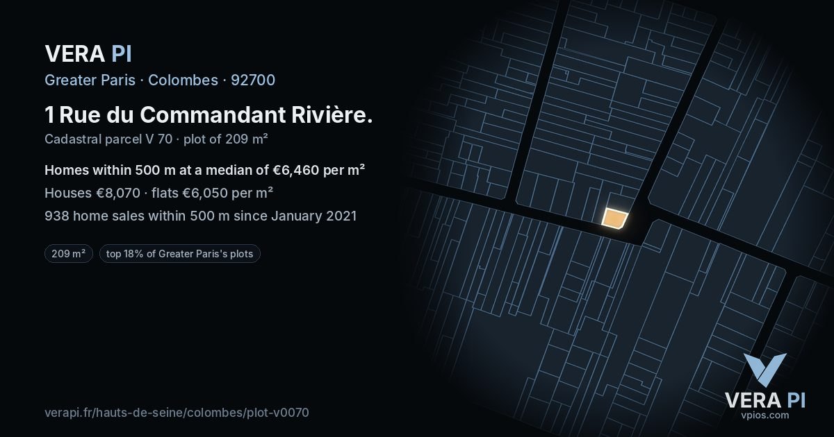 1 Rue du Commandant Rivière, Colombes at night – the plot lit, the parcels around coloured by the prices near them