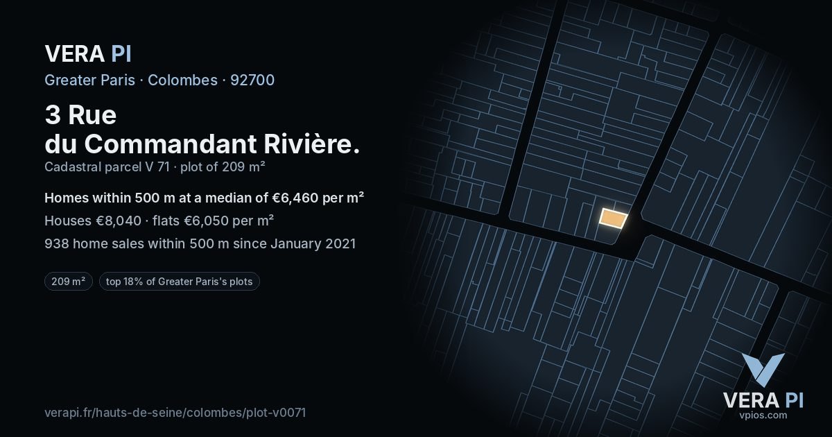 3 Rue du Commandant Rivière, Colombes at night – the plot lit, the parcels around coloured by the prices near them