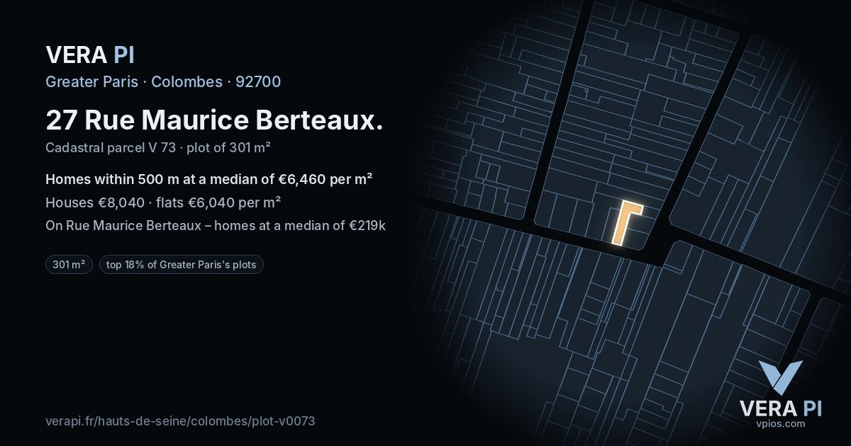 27 Rue Maurice Berteaux, Colombes at night – the plot lit, the parcels around coloured by the prices near them