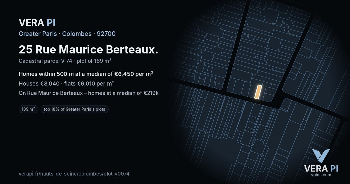 25 Rue Maurice Berteaux, Colombes at night – the plot lit, the parcels around coloured by the prices near them