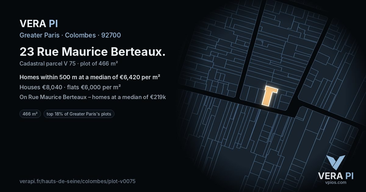 23 Rue Maurice Berteaux, Colombes at night – the plot lit, the parcels around coloured by the prices near them
