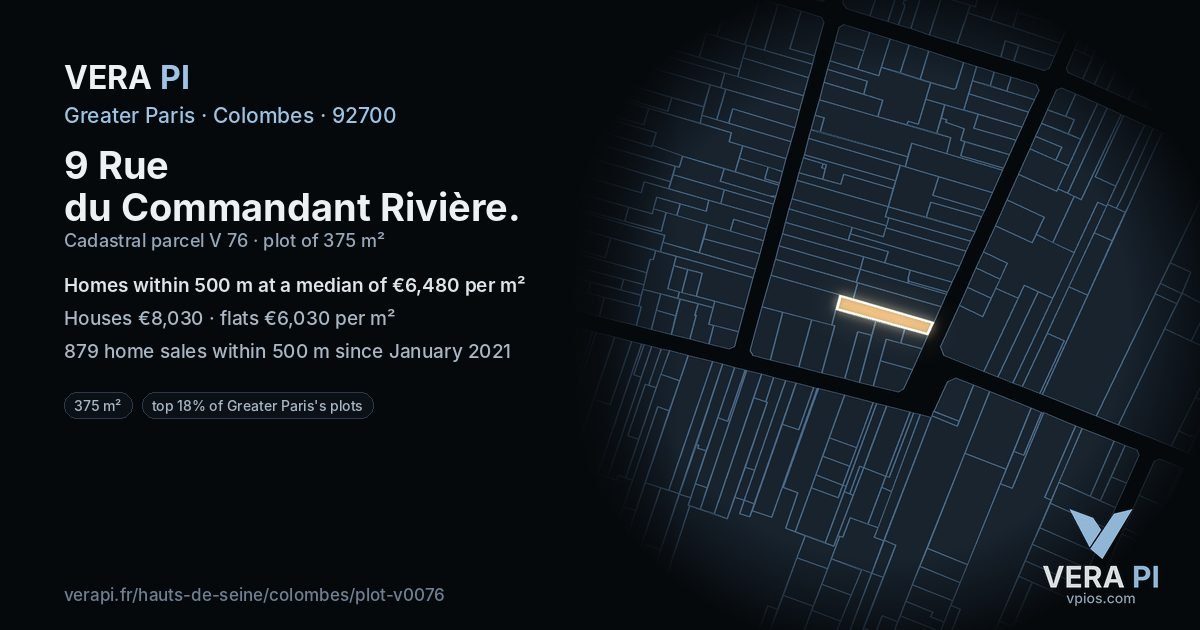 9 Rue du Commandant Rivière, Colombes at night – the plot lit, the parcels around coloured by the prices near them