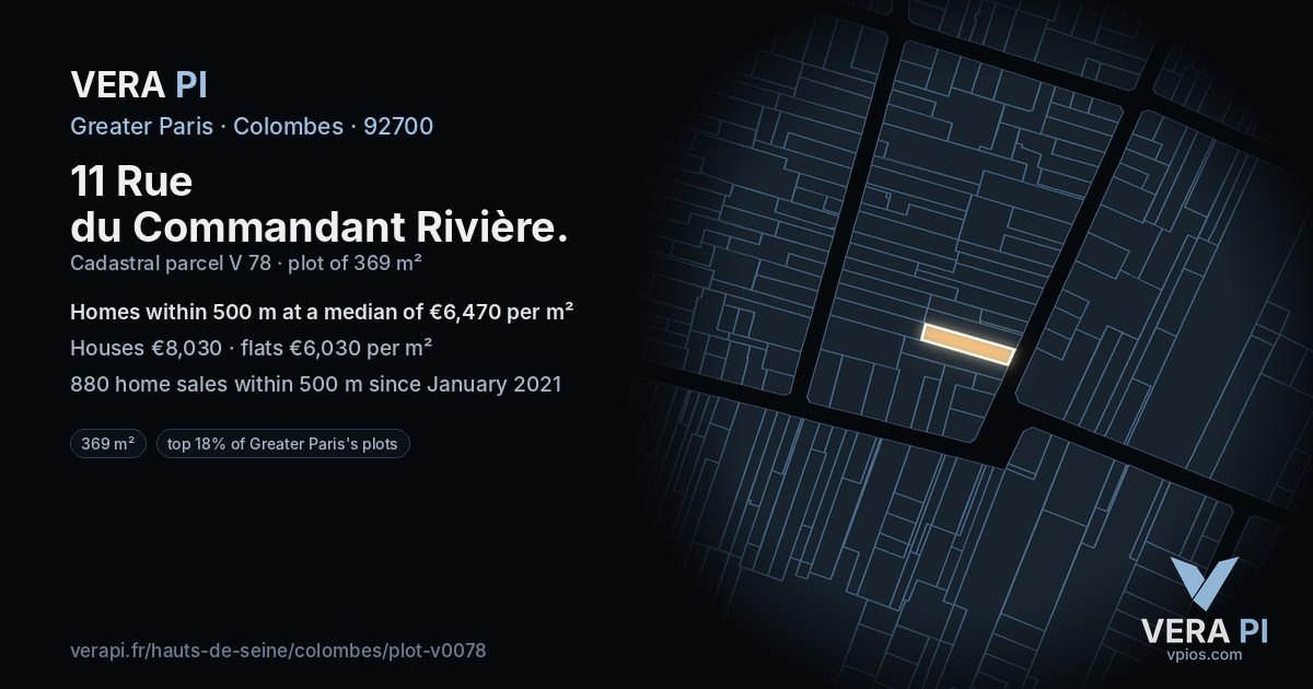 11 Rue du Commandant Rivière, Colombes at night – the plot lit, the parcels around coloured by the prices near them