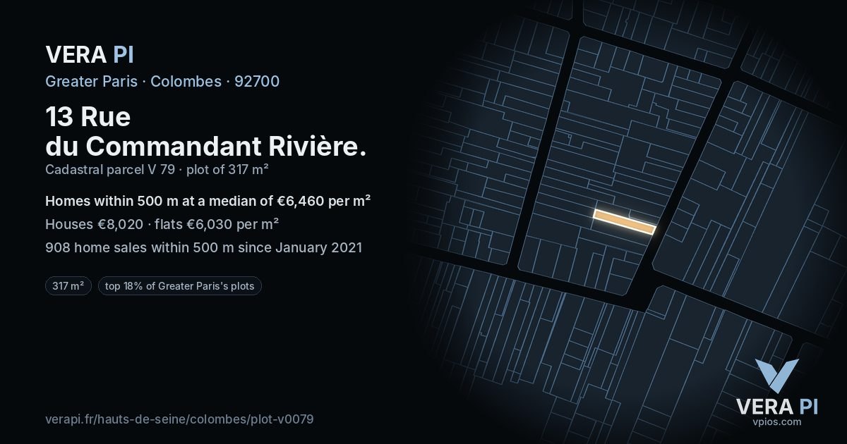 13 Rue du Commandant Rivière, Colombes at night – the plot lit, the parcels around coloured by the prices near them