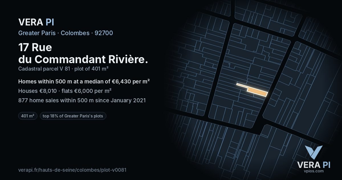 17 Rue du Commandant Rivière, Colombes at night – the plot lit, the parcels around coloured by the prices near them