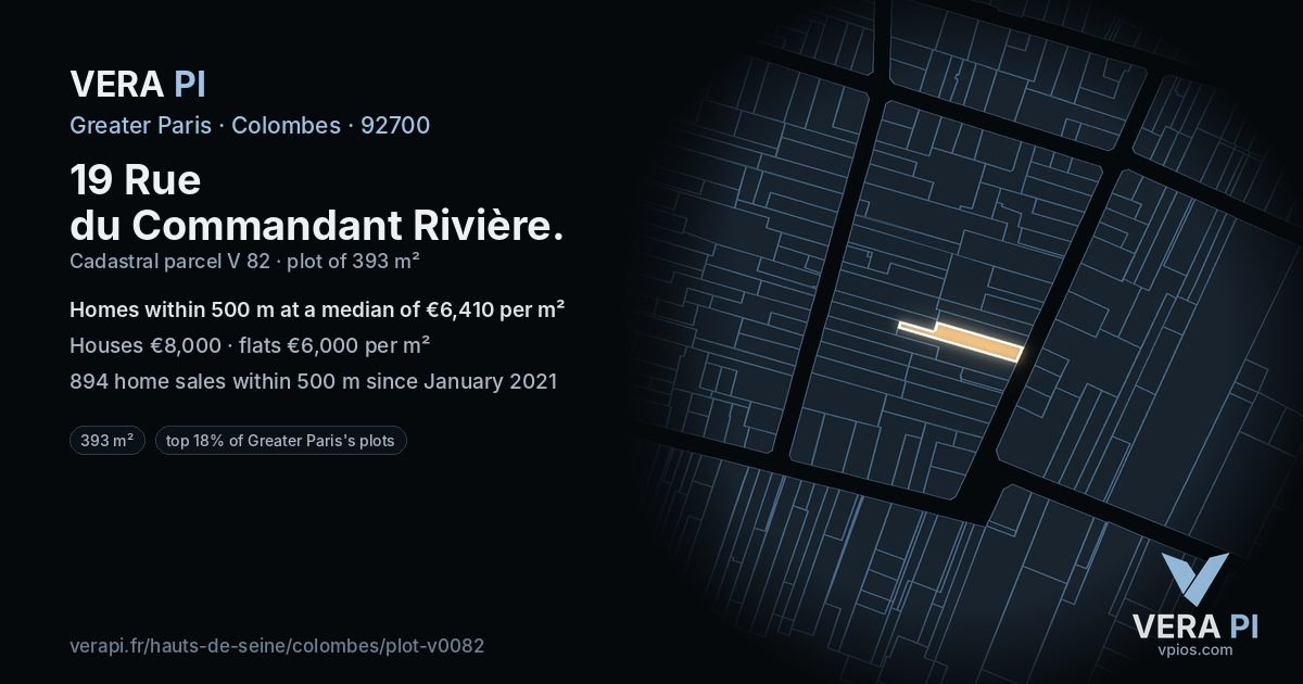 19 Rue du Commandant Rivière, Colombes at night – the plot lit, the parcels around coloured by the prices near them