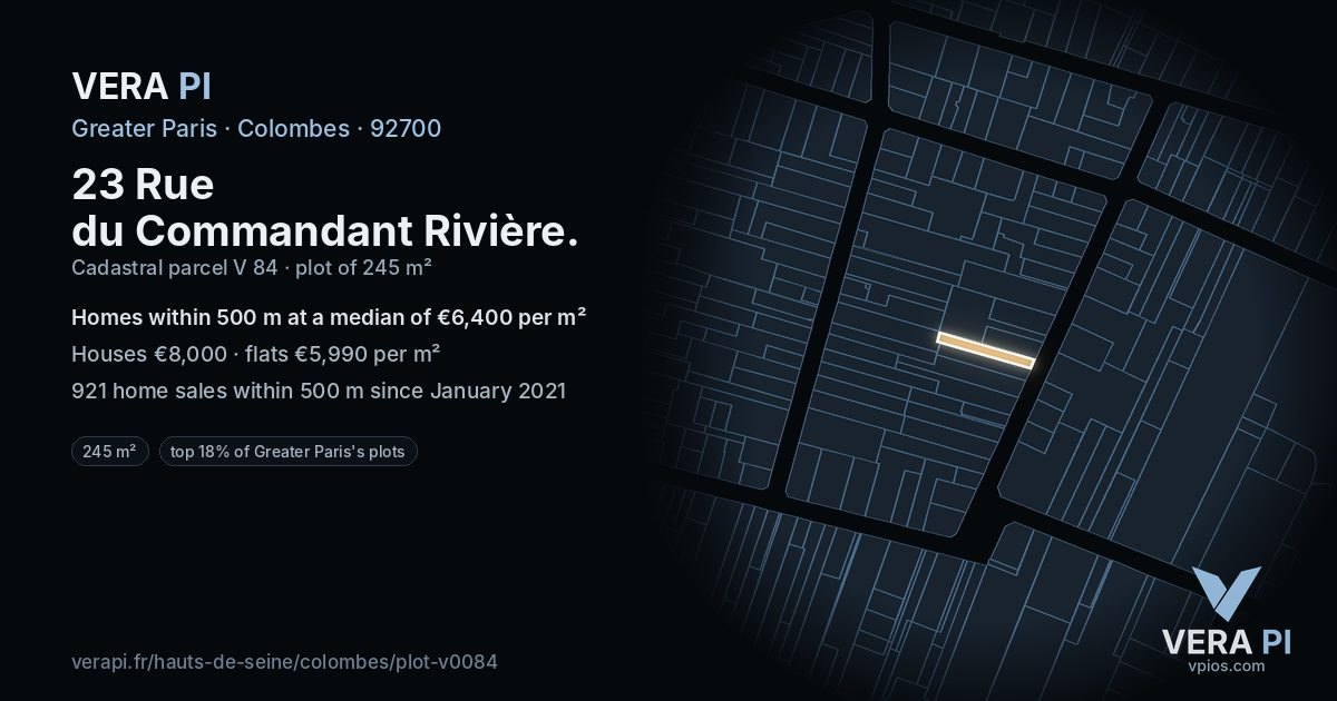 23 Rue du Commandant Rivière, Colombes at night – the plot lit, the parcels around coloured by the prices near them