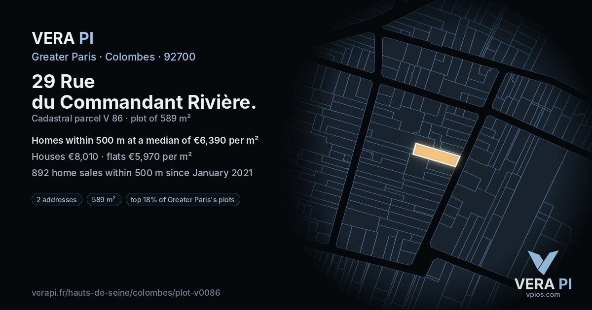 29 Rue du Commandant Rivière, Colombes at night – the plot lit, the parcels around coloured by the prices near them