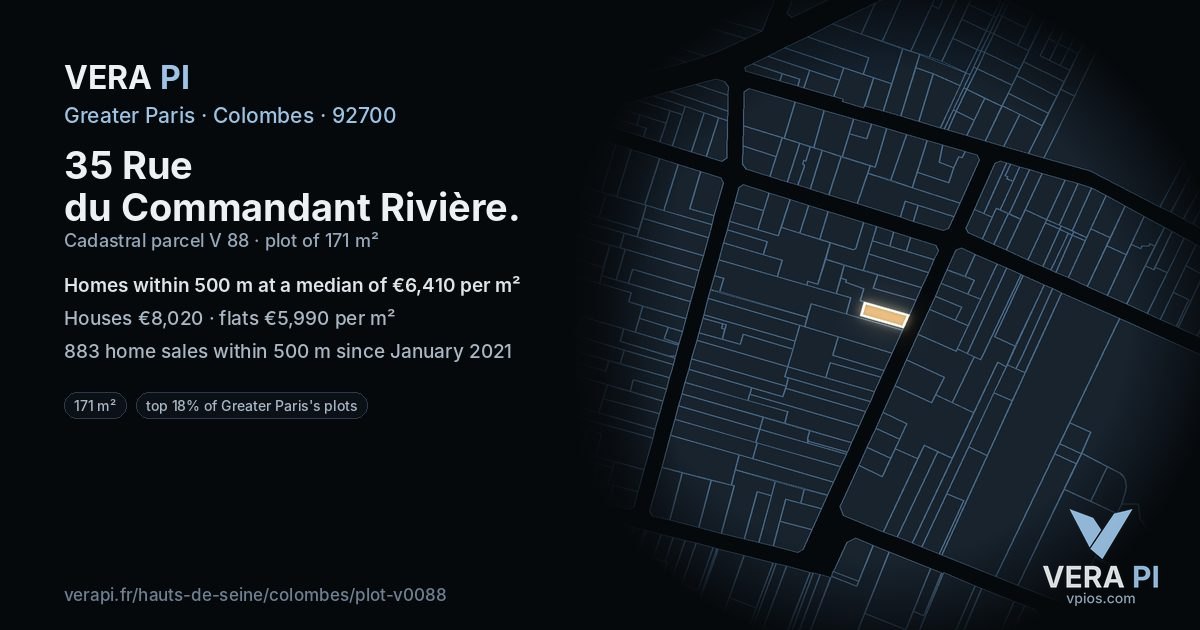 35 Rue du Commandant Rivière, Colombes at night – the plot lit, the parcels around coloured by the prices near them