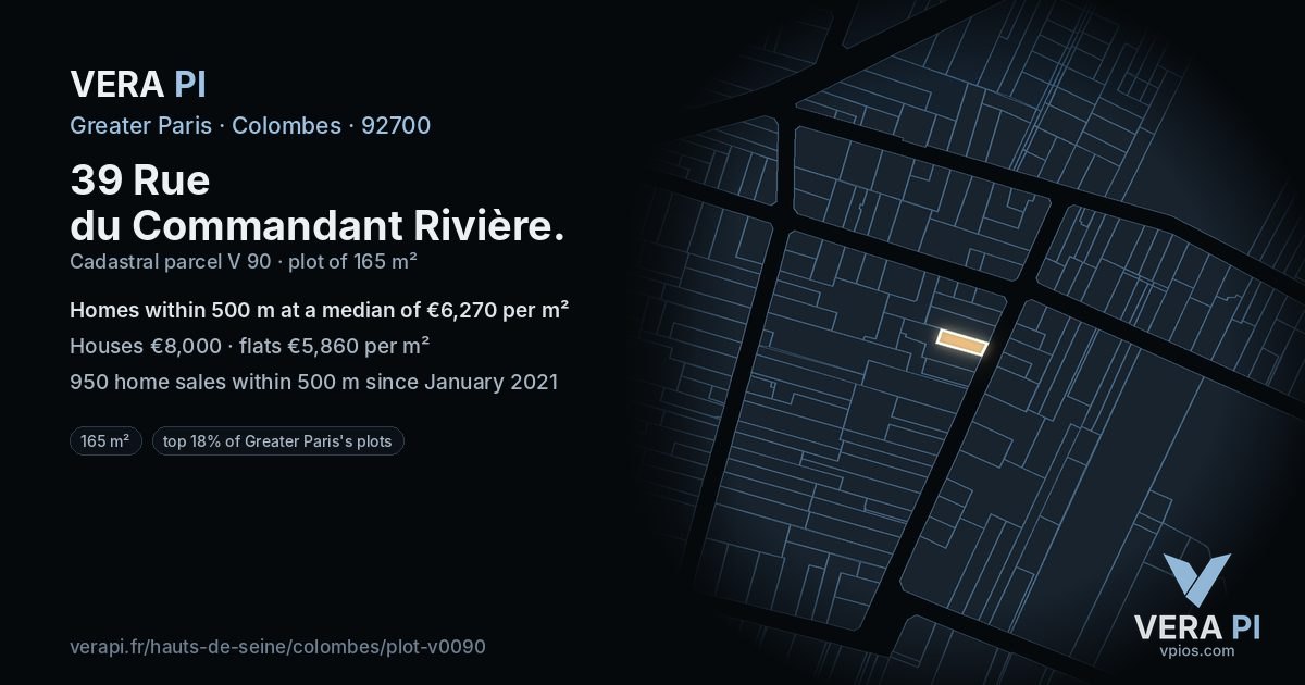 39 Rue du Commandant Rivière, Colombes at night – the plot lit, the parcels around coloured by the prices near them
