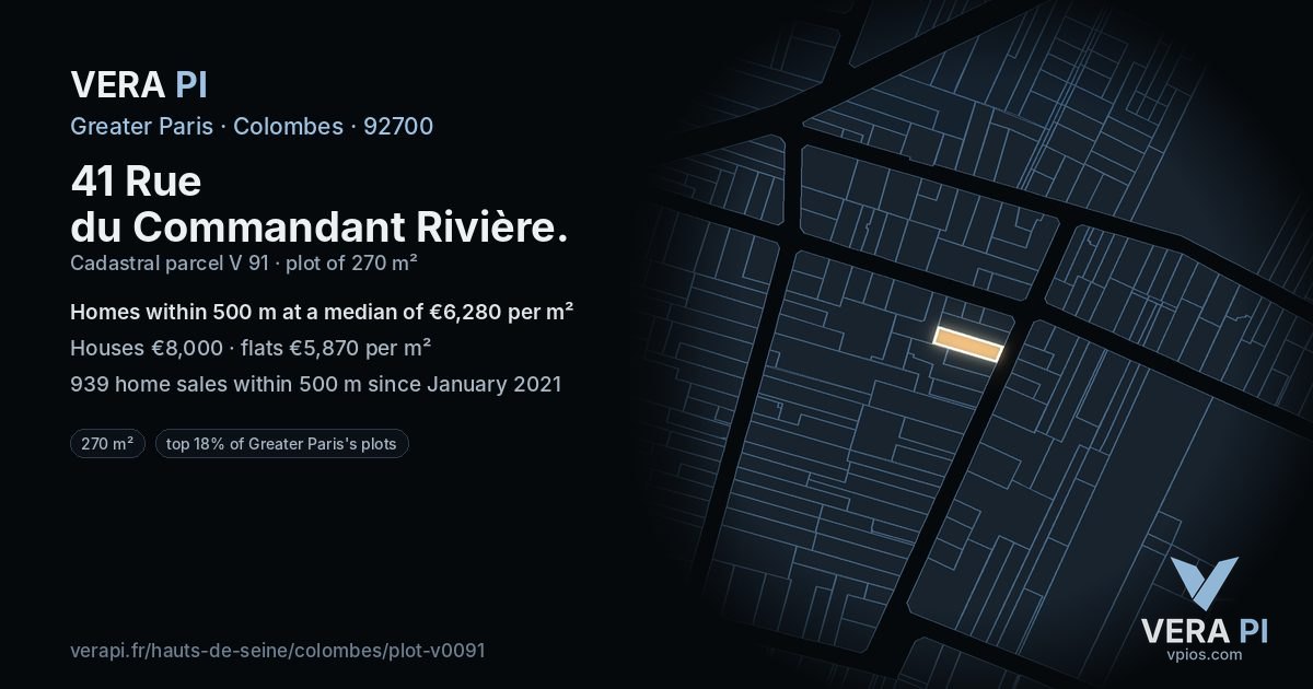 41 Rue du Commandant Rivière, Colombes at night – the plot lit, the parcels around coloured by the prices near them