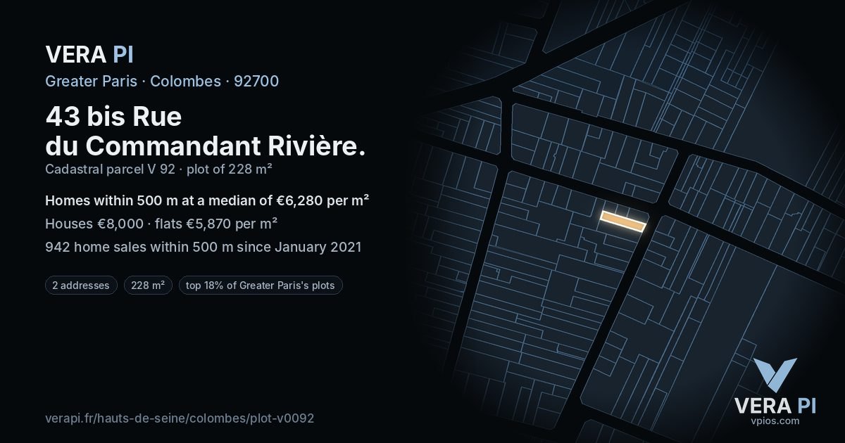 43 bis Rue du Commandant Rivière, Colombes at night – the plot lit, the parcels around coloured by the prices near them