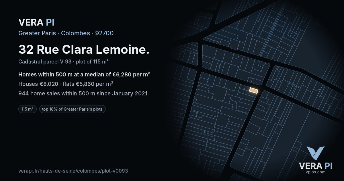 32 Rue Clara Lemoine, Colombes at night – the plot lit, the parcels around coloured by the prices near them