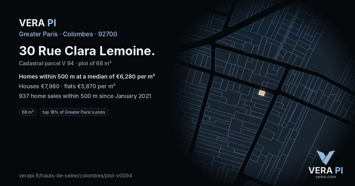 30 Rue Clara Lemoine, Colombes at night – the plot lit, the parcels around coloured by the prices near them
