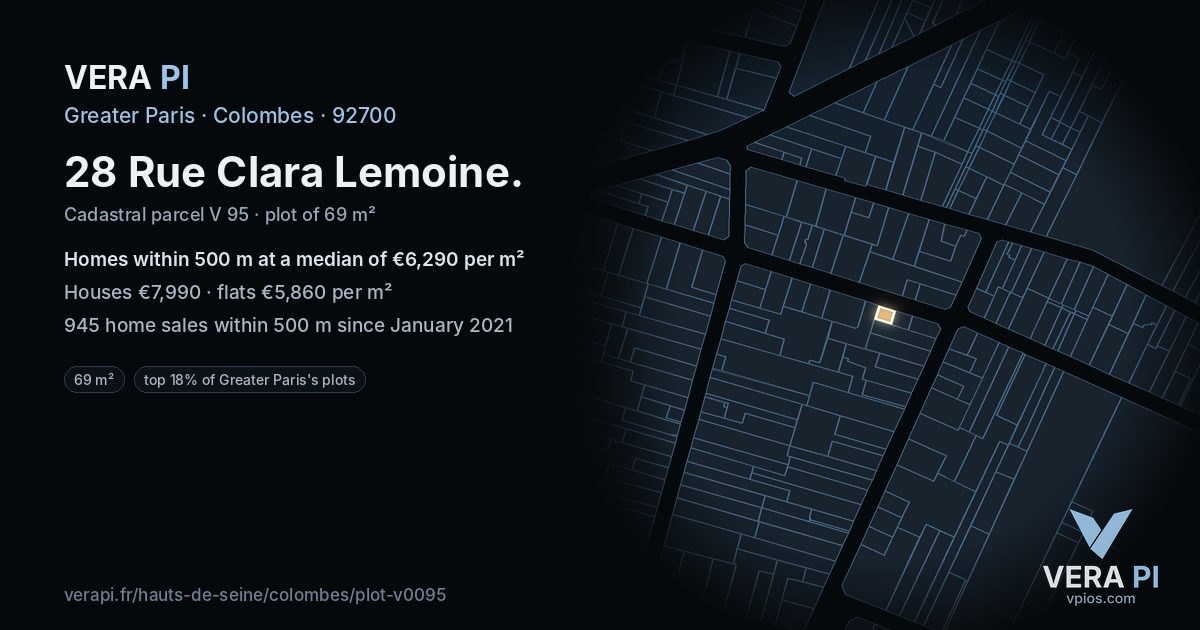 28 Rue Clara Lemoine, Colombes at night – the plot lit, the parcels around coloured by the prices near them