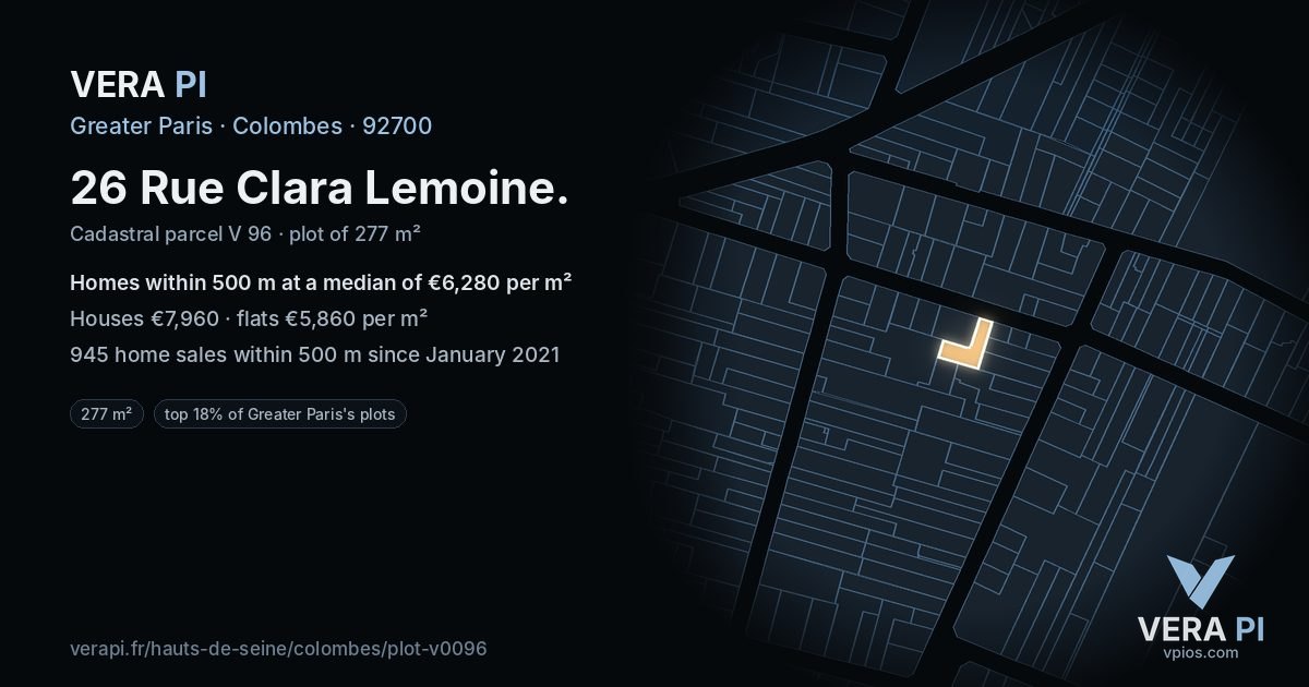 26 Rue Clara Lemoine, Colombes at night – the plot lit, the parcels around coloured by the prices near them