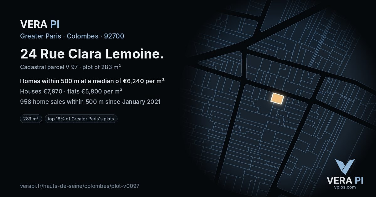 24 Rue Clara Lemoine, Colombes at night – the plot lit, the parcels around coloured by the prices near them