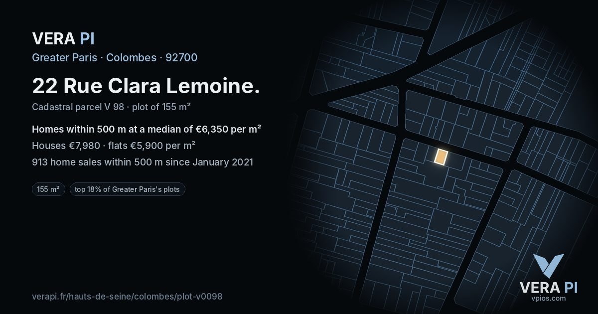 22 Rue Clara Lemoine, Colombes at night – the plot lit, the parcels around coloured by the prices near them