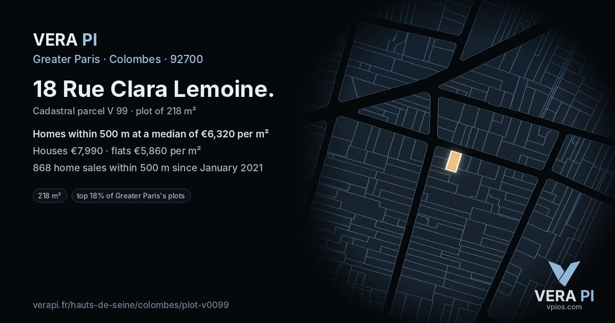 18 Rue Clara Lemoine, Colombes at night – the plot lit, the parcels around coloured by the prices near them