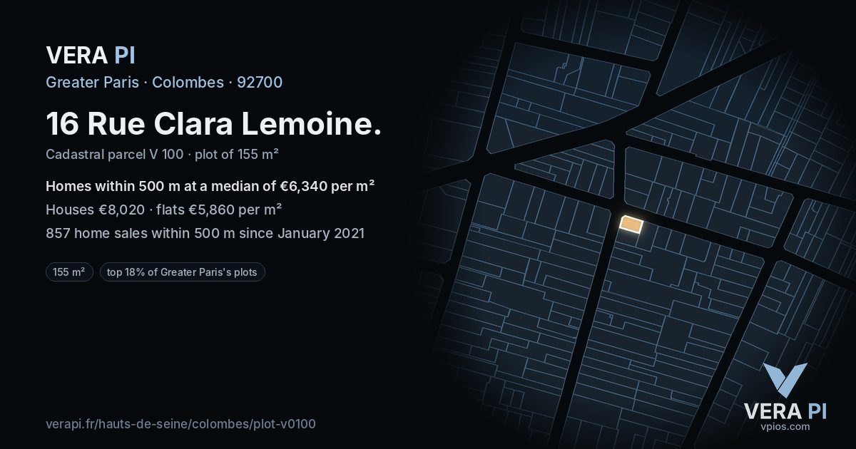 16 Rue Clara Lemoine, Colombes at night – the plot lit, the parcels around coloured by the prices near them