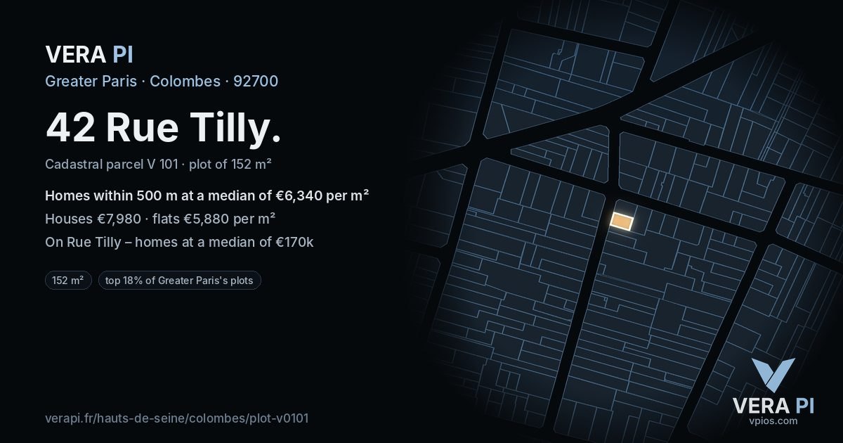 42 Rue Tilly, Colombes at night – the plot lit, the parcels around coloured by the prices near them