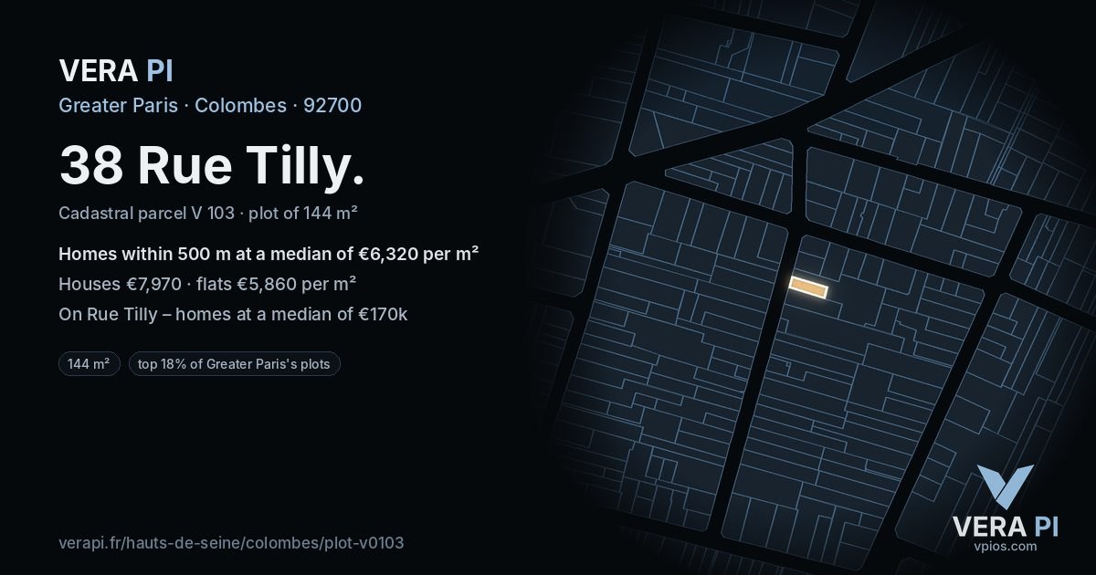 38 Rue Tilly, Colombes at night – the plot lit, the parcels around coloured by the prices near them
