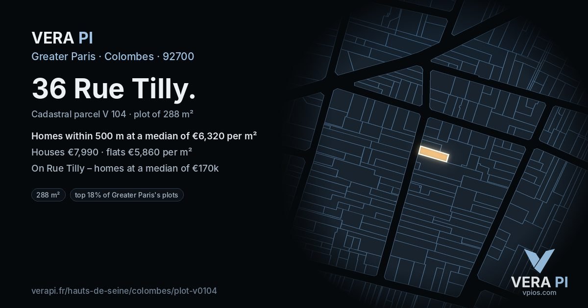 36 Rue Tilly, Colombes at night – the plot lit, the parcels around coloured by the prices near them