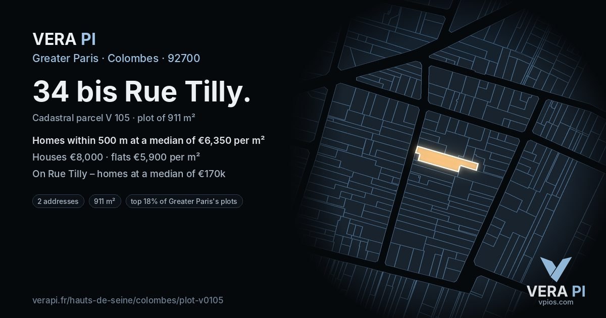 34 bis Rue Tilly, Colombes at night – the plot lit, the parcels around coloured by the prices near them