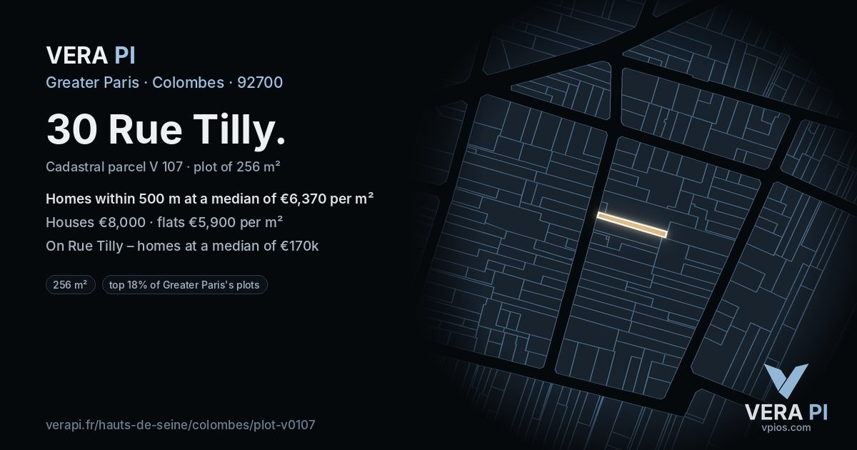 30 Rue Tilly, Colombes at night – the plot lit, the parcels around coloured by the prices near them