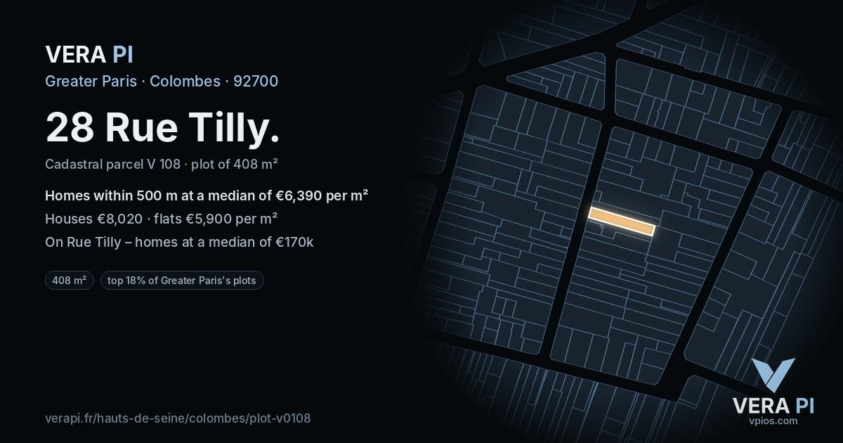 28 Rue Tilly, Colombes at night – the plot lit, the parcels around coloured by the prices near them