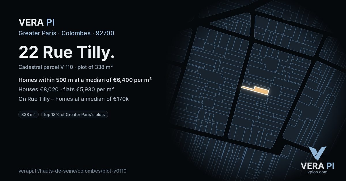 22 Rue Tilly, Colombes at night – the plot lit, the parcels around coloured by the prices near them