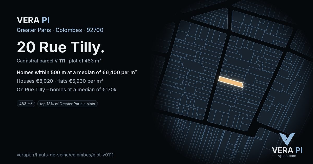 20 Rue Tilly, Colombes at night – the plot lit, the parcels around coloured by the prices near them