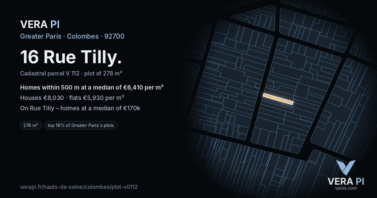 16 Rue Tilly, Colombes at night – the plot lit, the parcels around coloured by the prices near them