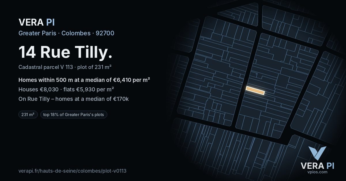 14 Rue Tilly, Colombes at night – the plot lit, the parcels around coloured by the prices near them