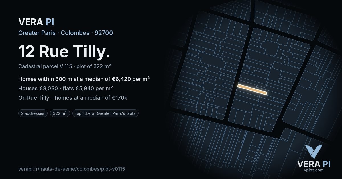 12 Rue Tilly, Colombes at night – the plot lit, the parcels around coloured by the prices near them