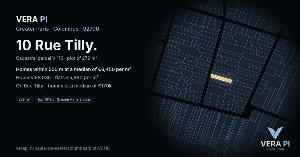 10 Rue Tilly, Colombes at night – the plot lit, the parcels around coloured by the prices near them