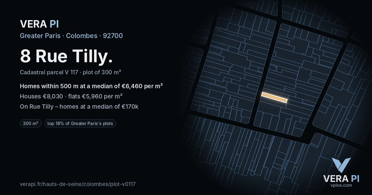 8 Rue Tilly, Colombes at night – the plot lit, the parcels around coloured by the prices near them