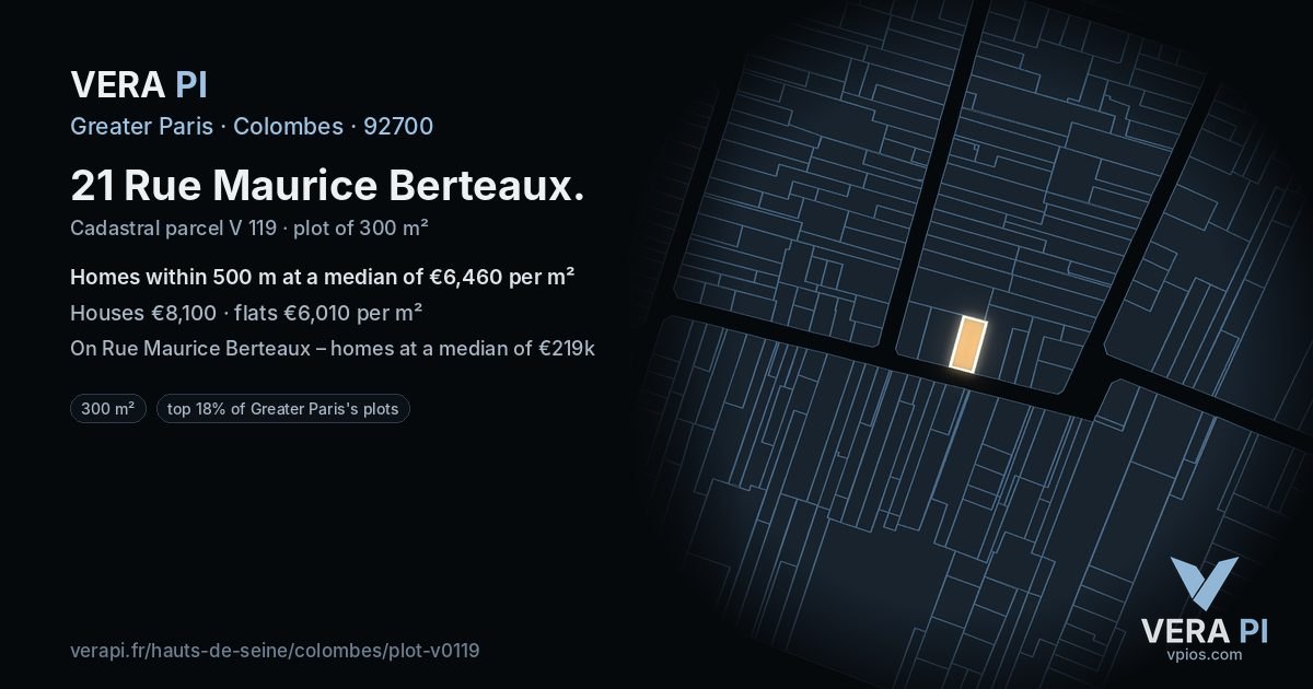 21 Rue Maurice Berteaux, Colombes at night – the plot lit, the parcels around coloured by the prices near them