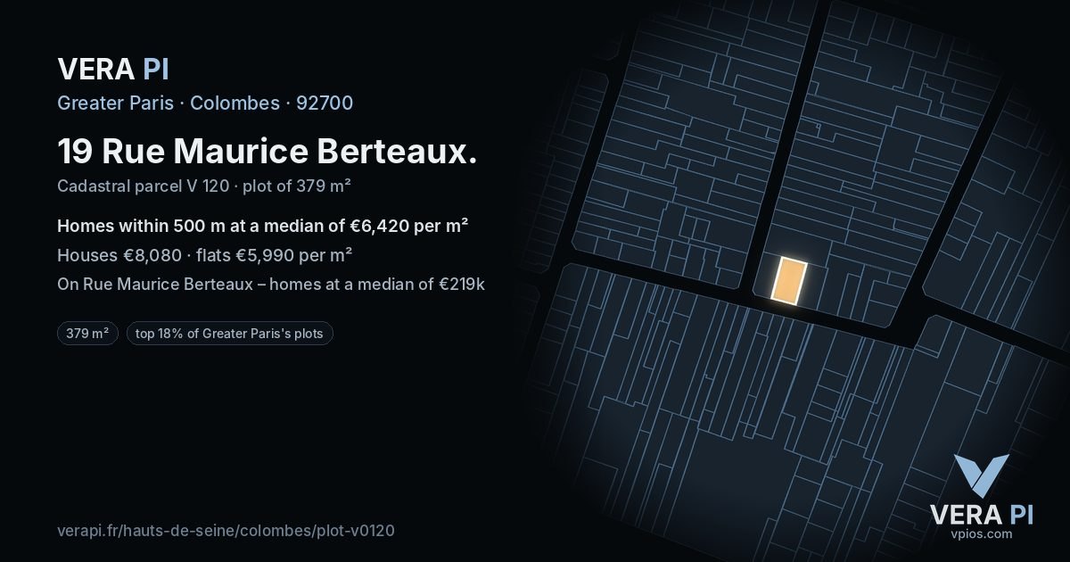 19 Rue Maurice Berteaux, Colombes at night – the plot lit, the parcels around coloured by the prices near them