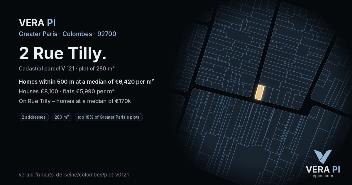 2 Rue Tilly, Colombes at night – the plot lit, the parcels around coloured by the prices near them