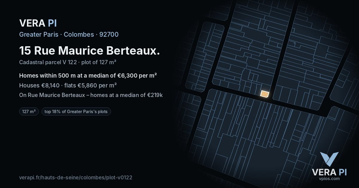 15 Rue Maurice Berteaux, Colombes at night – the plot lit, the parcels around coloured by the prices near them
