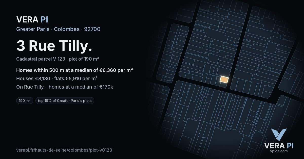 3 Rue Tilly, Colombes at night – the plot lit, the parcels around coloured by the prices near them