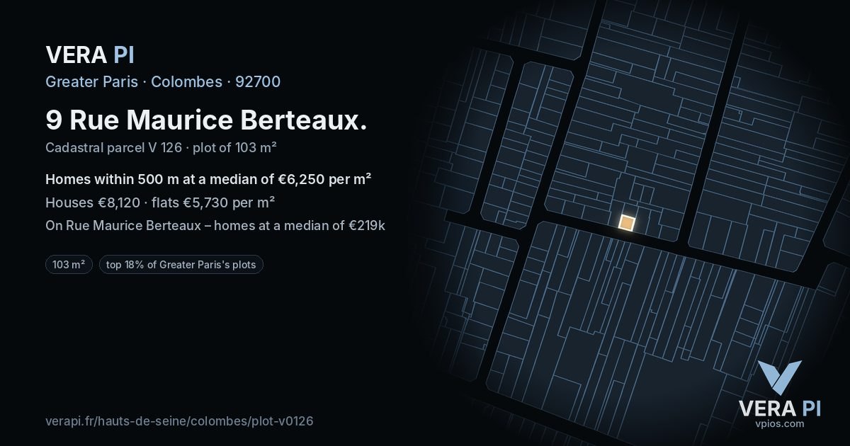 9 Rue Maurice Berteaux, Colombes at night – the plot lit, the parcels around coloured by the prices near them