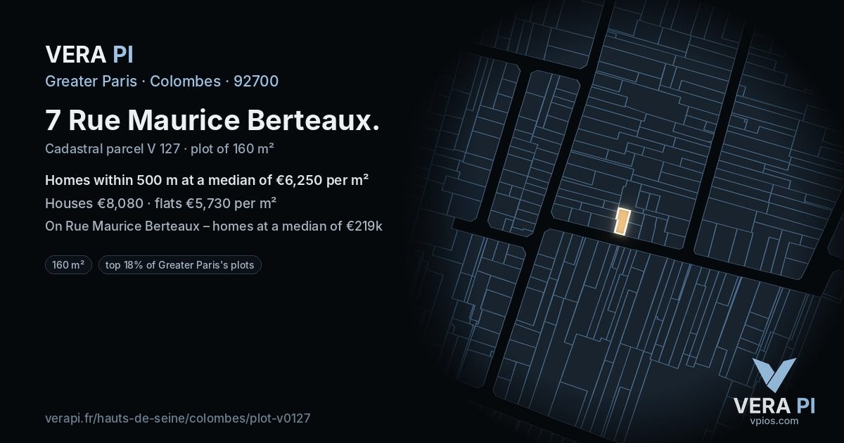 7 Rue Maurice Berteaux, Colombes at night – the plot lit, the parcels around coloured by the prices near them