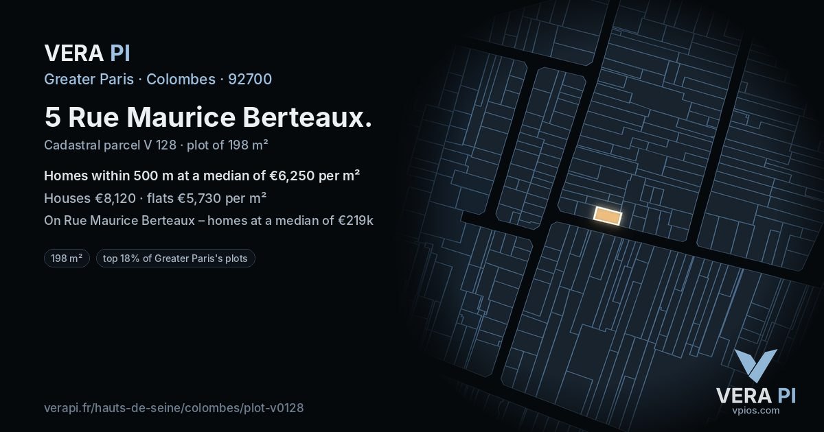 5 Rue Maurice Berteaux, Colombes at night – the plot lit, the parcels around coloured by the prices near them